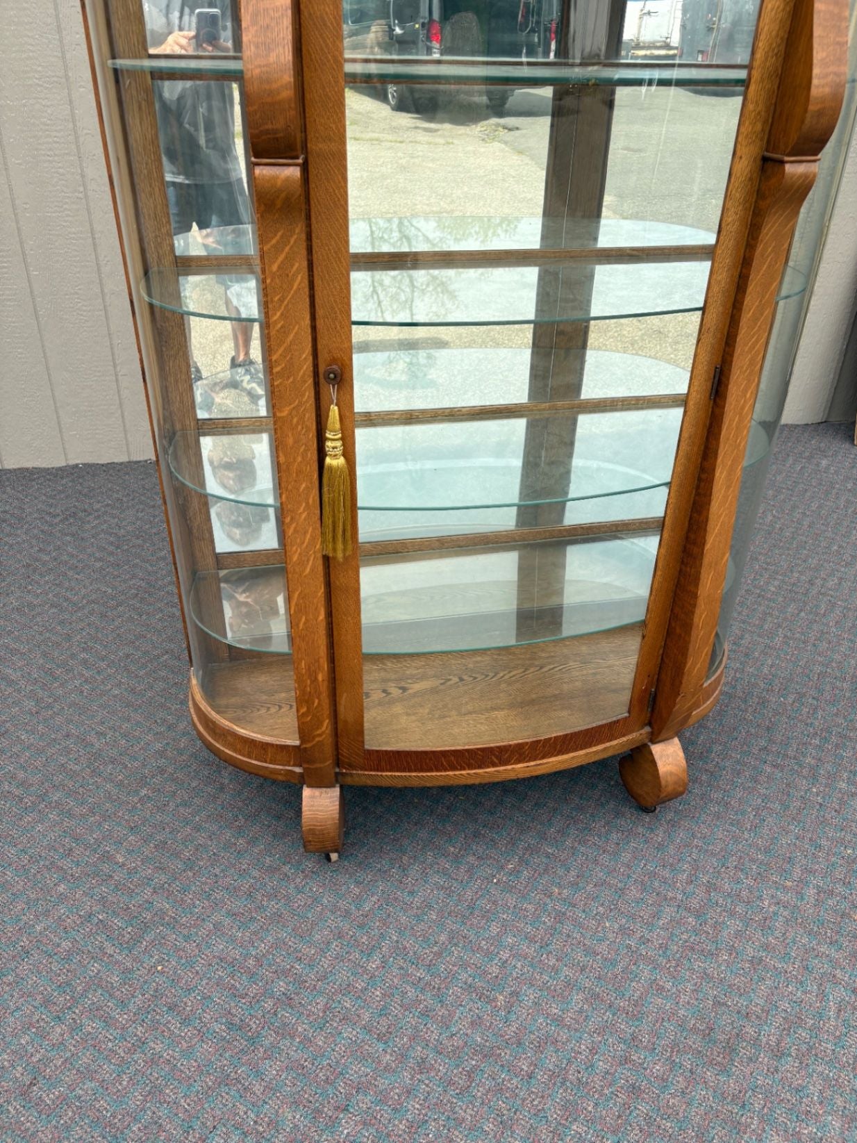 67676 Antique Oak Empire Curved Glass China Cabinet with Shelves