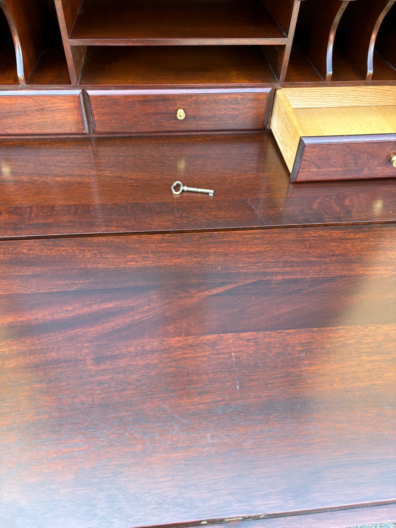 67847 Vintage Mahogany Secretary Desk with Glass Front Bookcase