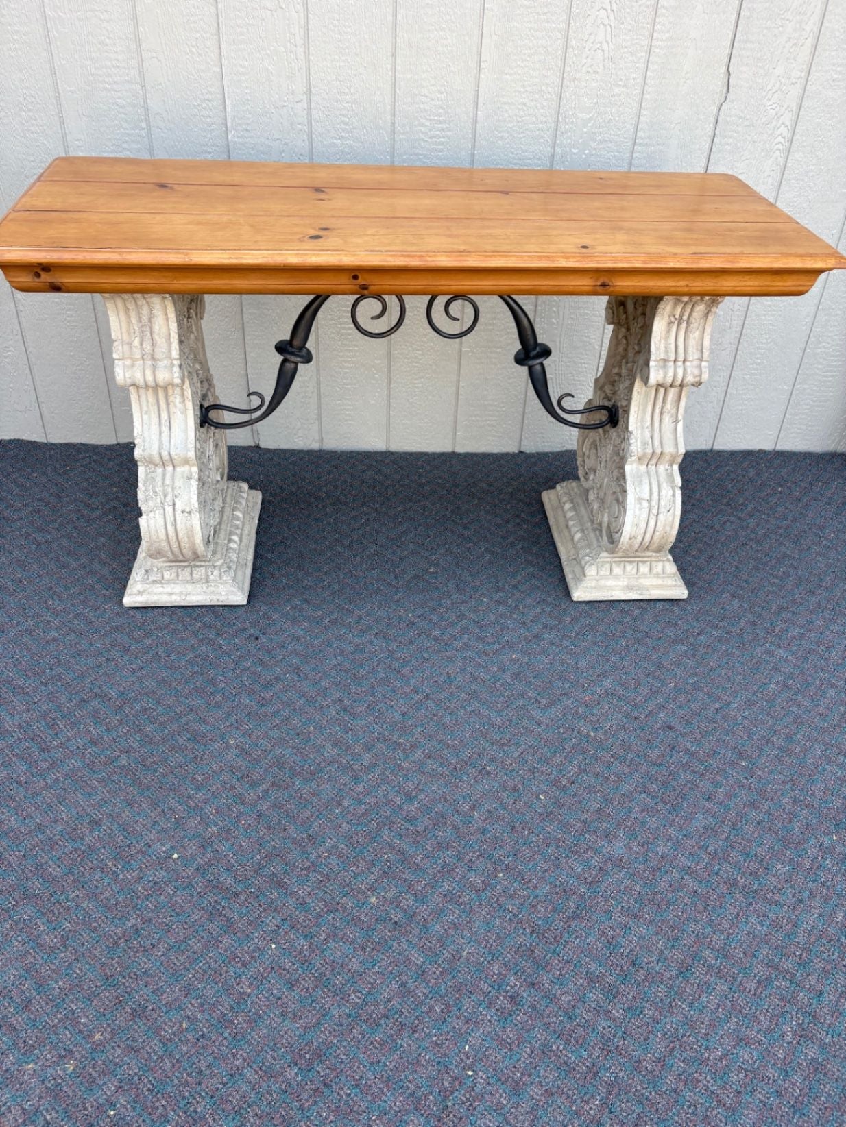67646  Rustic Console Table with Carved Stone Base and Iron Accents