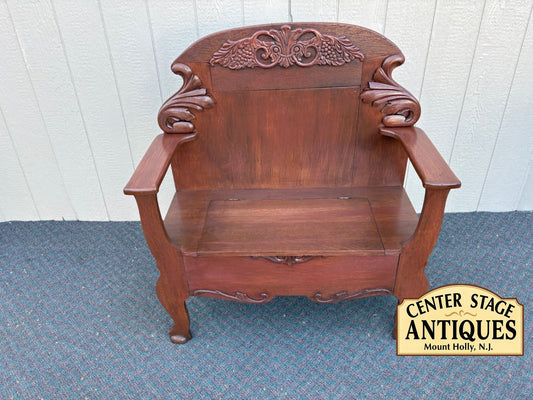 67564 Victorian Hall Seat with Intricate Carving in Rich Oak Finish