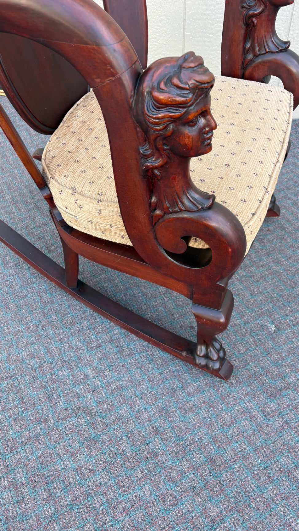 Victorian Mahogany Rocking Chair with Carved Bust Details