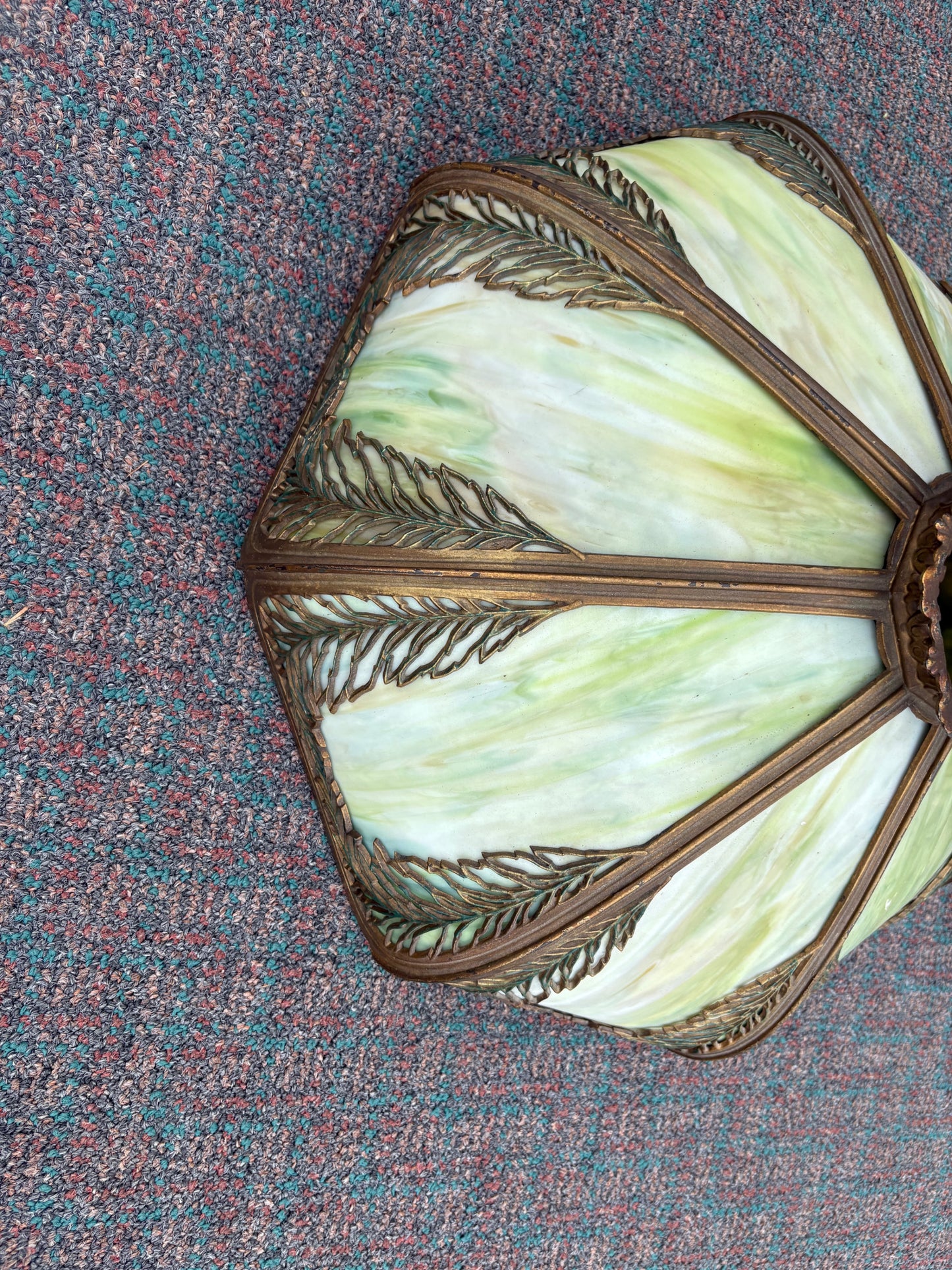 67742 Victorian Slag Glass Lampshade with Ornate Metalwork