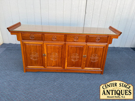 Mid-Century Oriental Sideboard with Glass Top and Carved Details