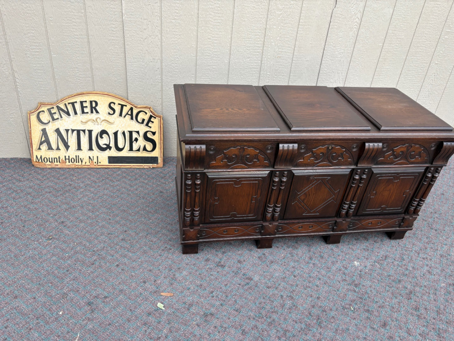 67754 Vintage Dark Oak Trunk with Carved Details and Panel Design