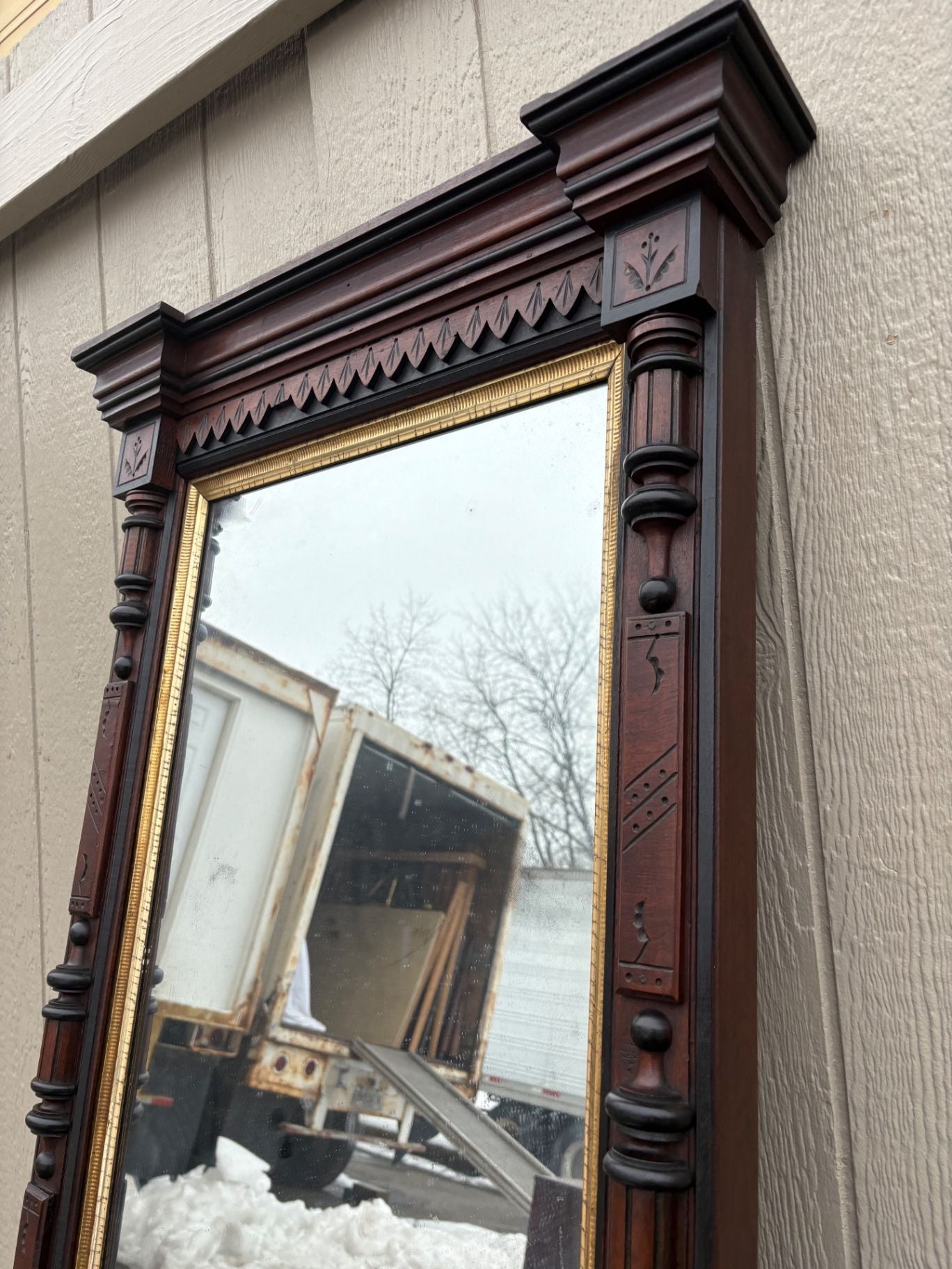 66659  Victorian Eastlake Pier Mirror with Marble Shelf, Walnut Wood