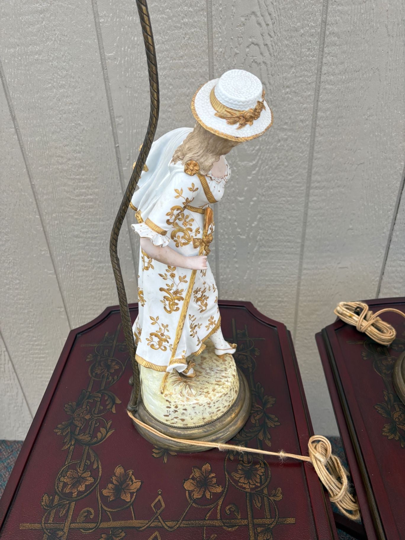 67579 Pair of Vintage Porcelain Figural Table Lamps with Gilded Accents