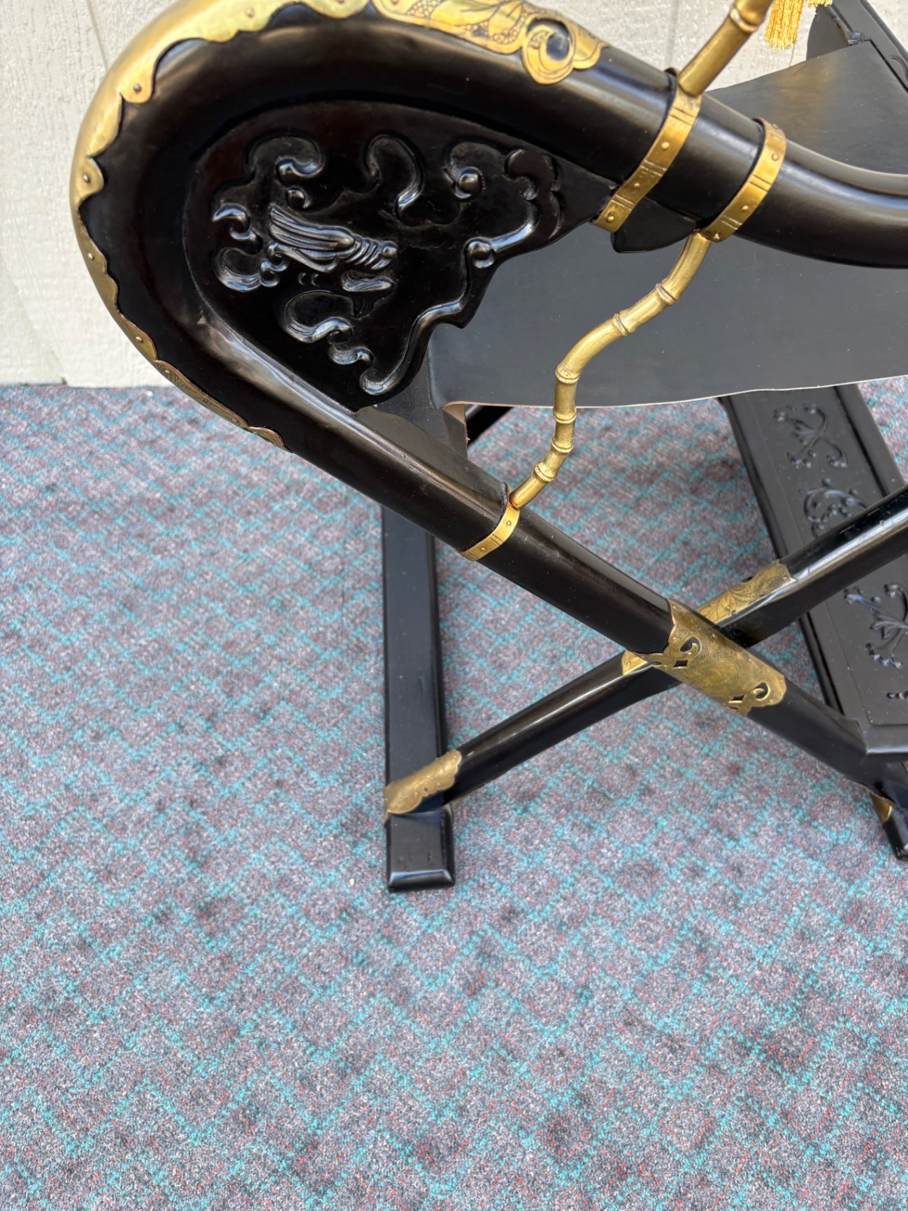 68061 Oriental Style Black Folding Chair with Carved Details