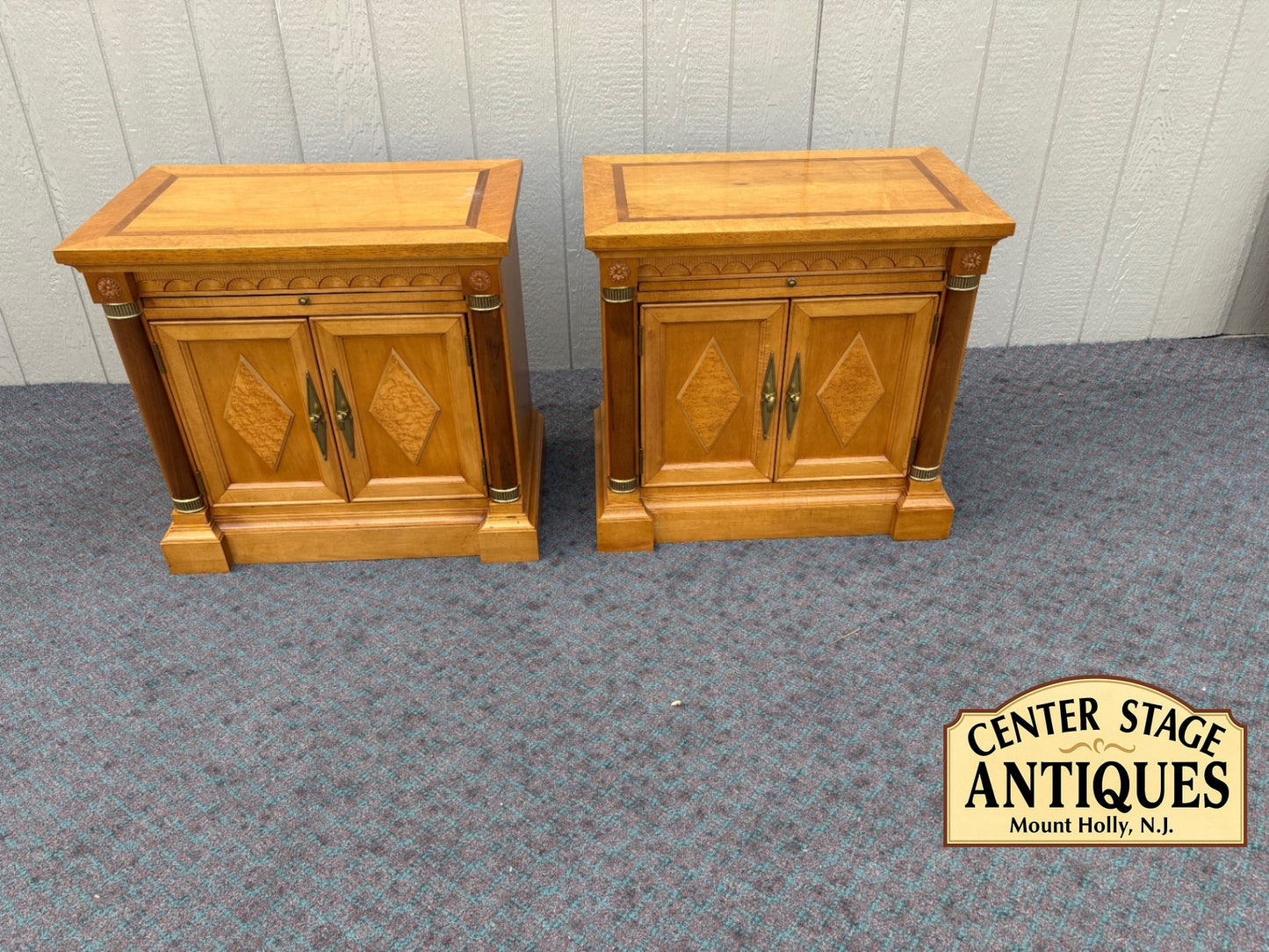 67972 Pair of Ethan Allen Neoclassical Nightstands in Honey Oak Finish