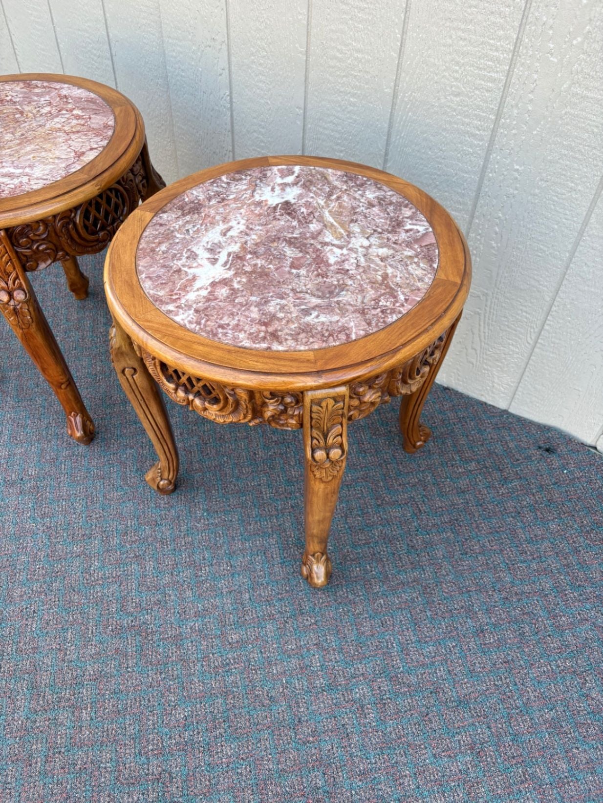 67604 Pair of Ornate Asian  Carved Wooden Tables with Marble Tops