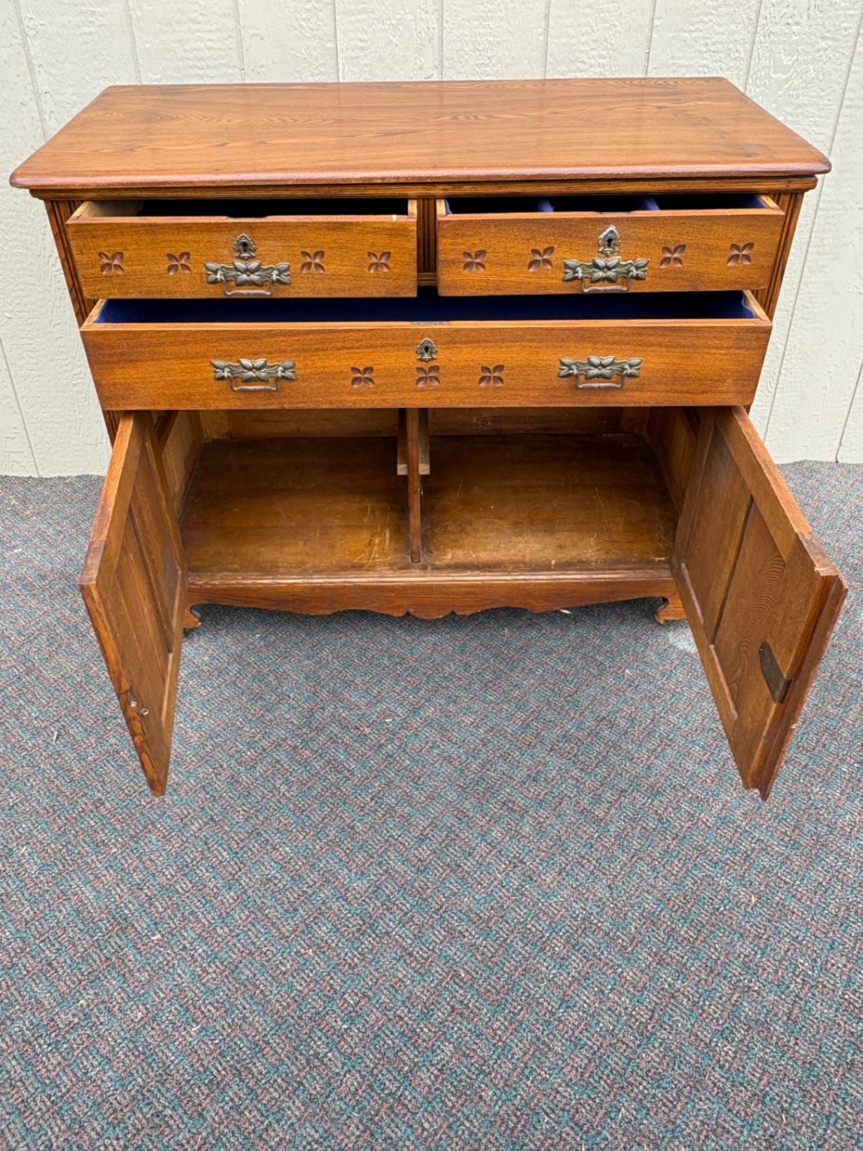 67625  Victorian Oak Buffet Server with Carved Details and Brass Hardware