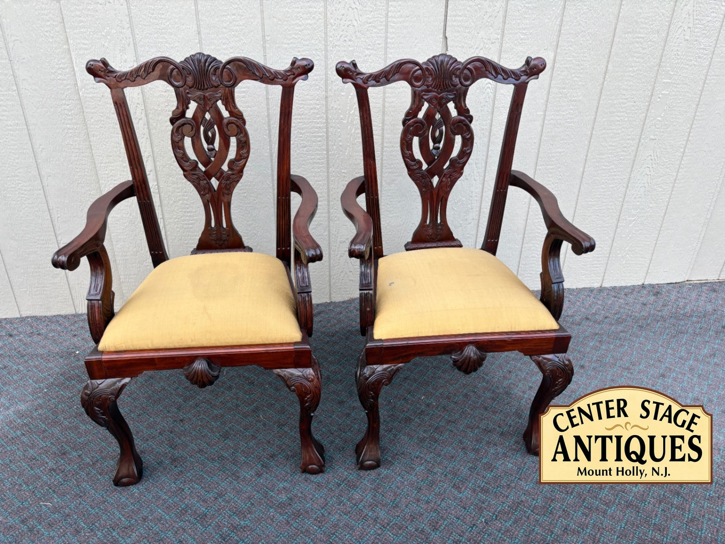 68129 Pair of Chippendale Style Mahogany Armchairs with Carved Details