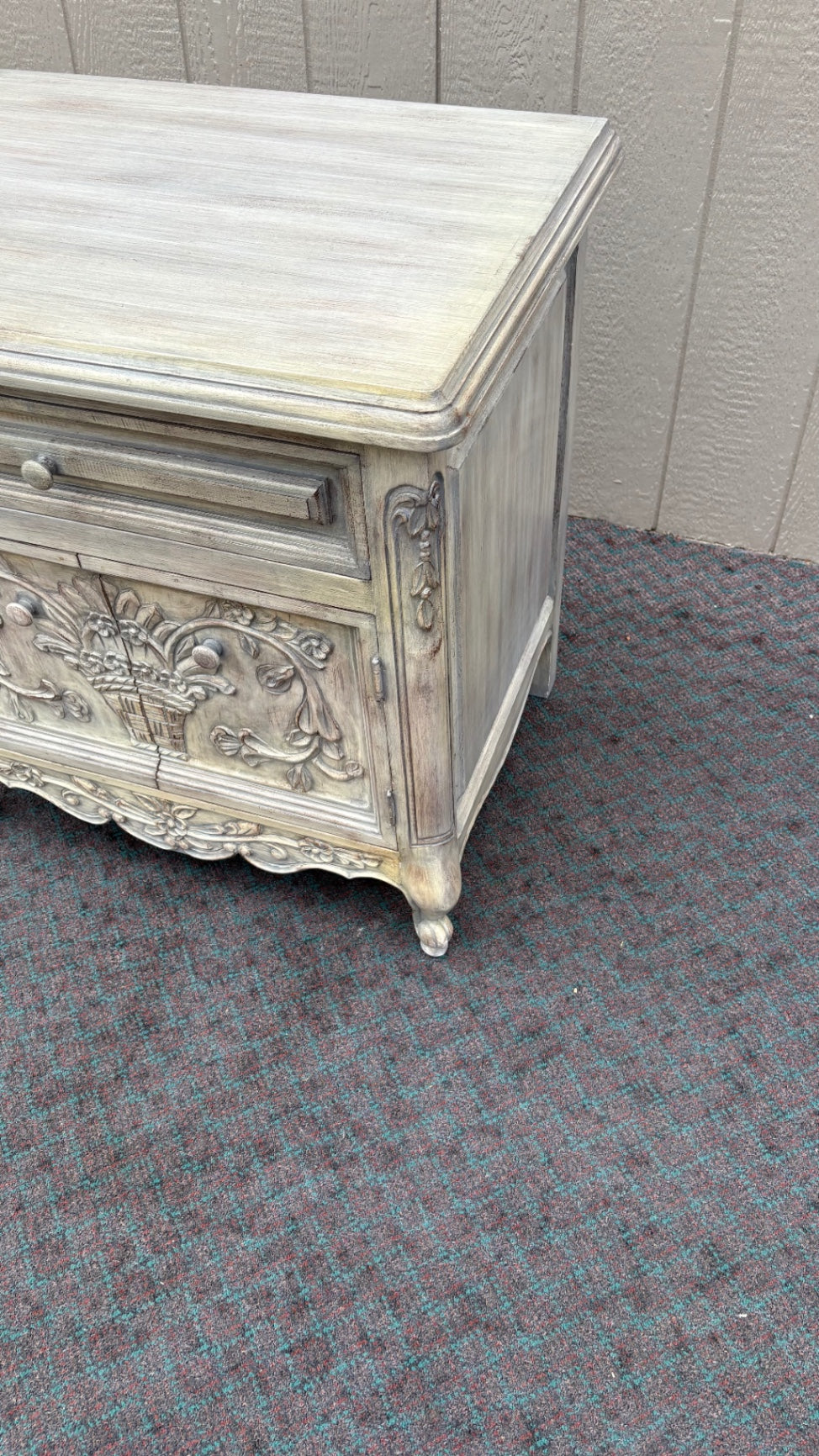 68068 French Provincial Nightstand with Carved Details and Distressed Finish