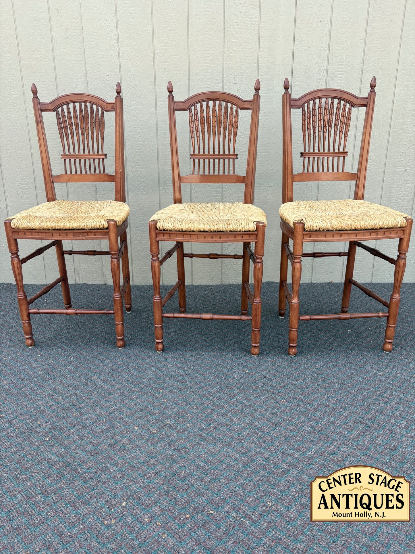 67720 Set of 3 Rustic French Country Barstools with Rush Seats