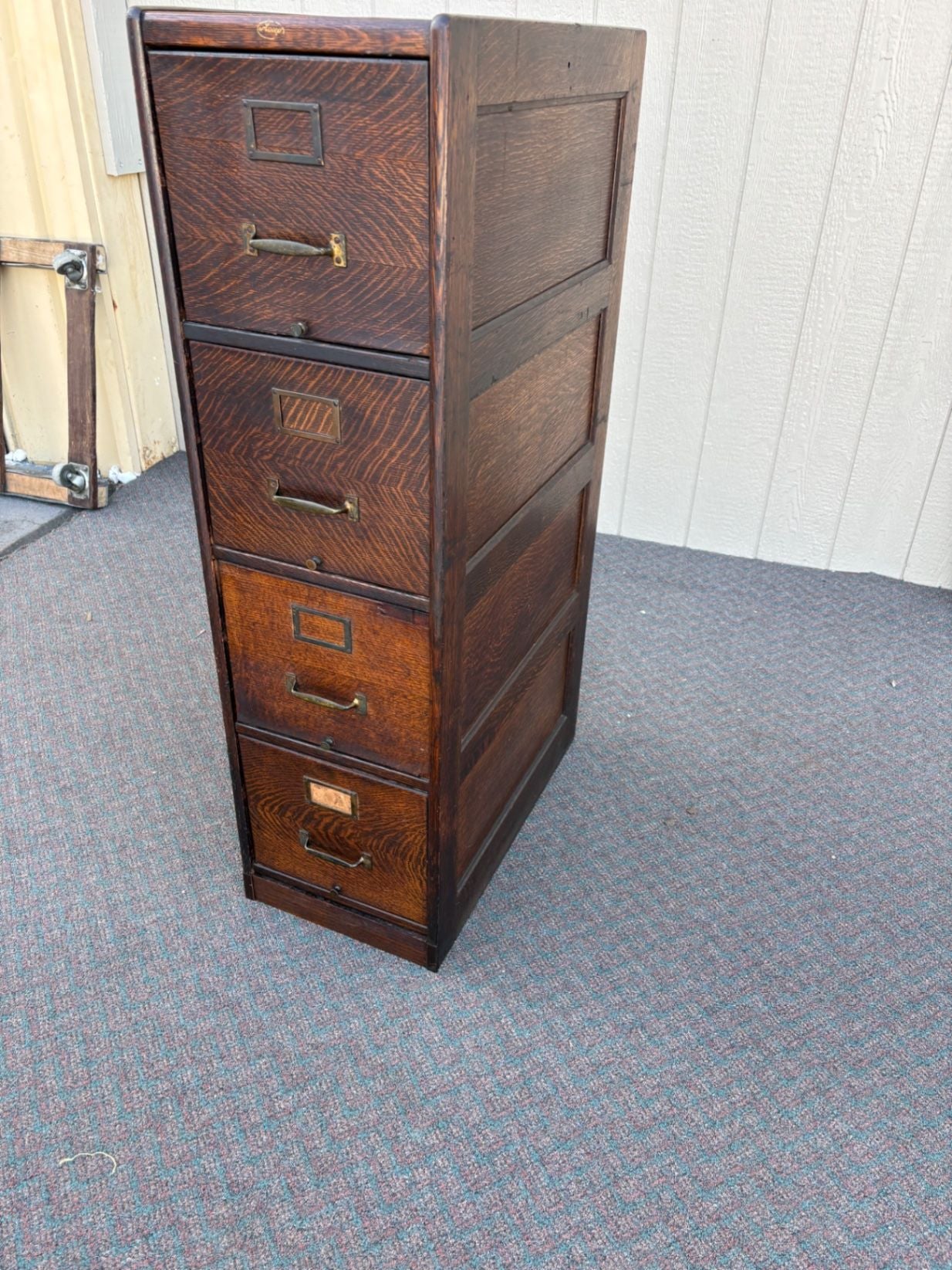 67307 Antique Oak File Cabinet with Four Drawers and Brass Hardware
