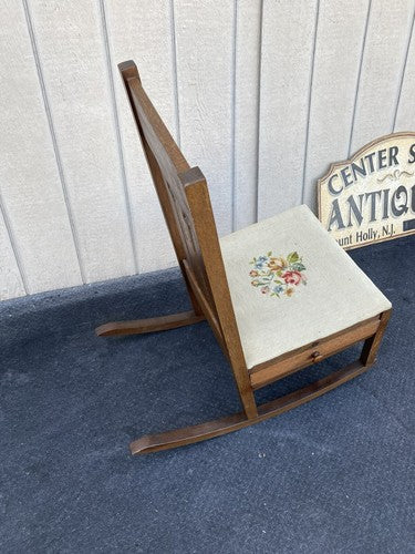 64507 Mission Oak Rocking Rocker Chair w/ Sewing Drawer + Needlepoint seat