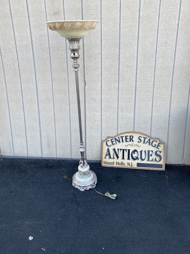 65030 Antique Torch Lamp with glass shade and onyx base