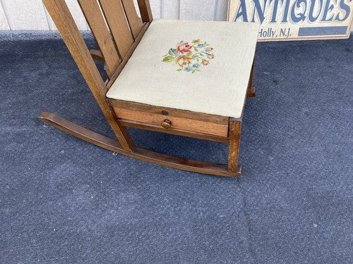 64507 Mission Oak Rocking Rocker Chair w/ Sewing Drawer + Needlepoint seat