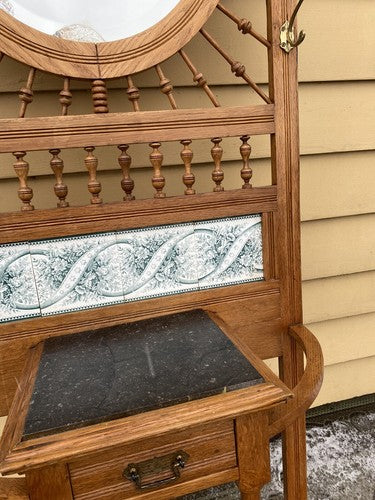 64527 Antique Victorian Oak Stick and Ball Hatrack Hall Seat with Mirror