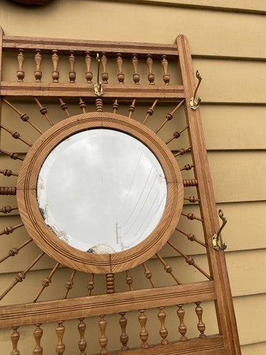 64527 Antique Victorian Oak Stick and Ball Hatrack Hall Seat with Mirror
