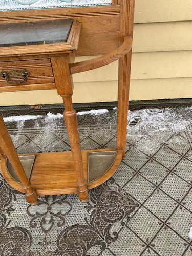 64527 Antique Victorian Oak Stick and Ball Hatrack Hall Seat with Mirror