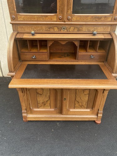 65390 Antique Victorian Burled Walnut Cylinder Desk w/ Bookcase Top and keys