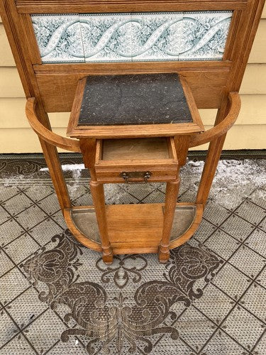 64527 Antique Victorian Oak Stick and Ball Hatrack Hall Seat with Mirror