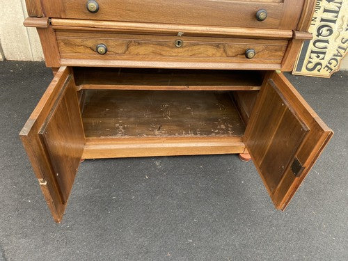 65390 Antique Victorian Burled Walnut Cylinder Desk w/ Bookcase Top and keys
