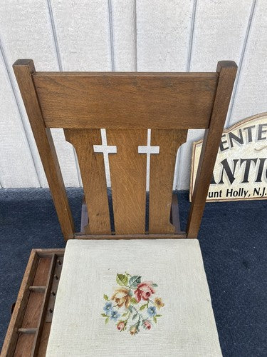 64507 Mission Oak Rocking Rocker Chair w/ Sewing Drawer + Needlepoint seat