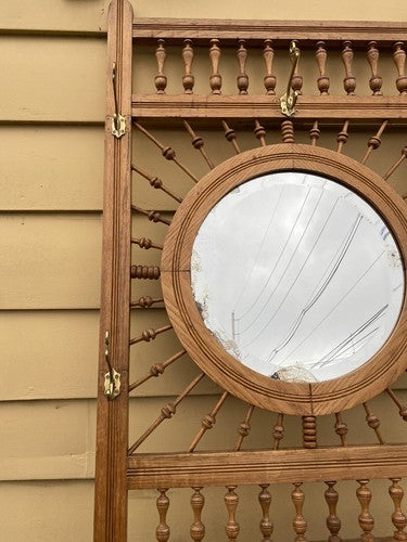 64527 Antique Victorian Oak Stick and Ball Hatrack Hall Seat with Mirror