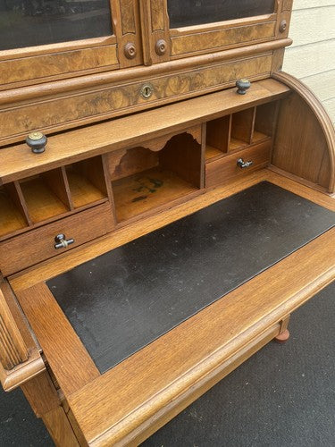 65390 Antique Victorian Burled Walnut Cylinder Desk w/ Bookcase Top and keys