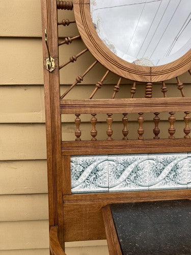 64527 Antique Victorian Oak Stick and Ball Hatrack Hall Seat with Mirror