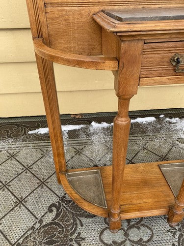 64527 Antique Victorian Oak Stick and Ball Hatrack Hall Seat with Mirror