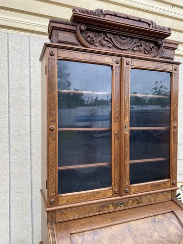 65390 Antique Victorian Burled Walnut Cylinder Desk w/ Bookcase Top and keys