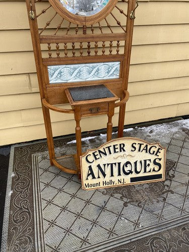 64527 Antique Victorian Oak Stick and Ball Hatrack Hall Seat with Mirror