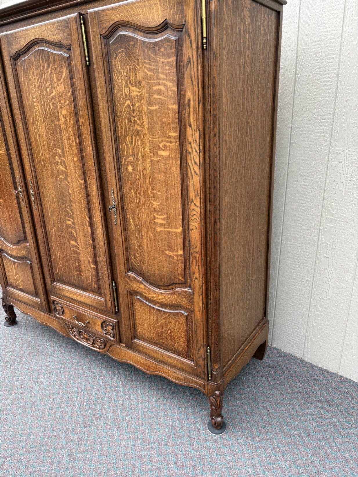 67687  Antique French Provincial Oak Wardrobe with Carved Details