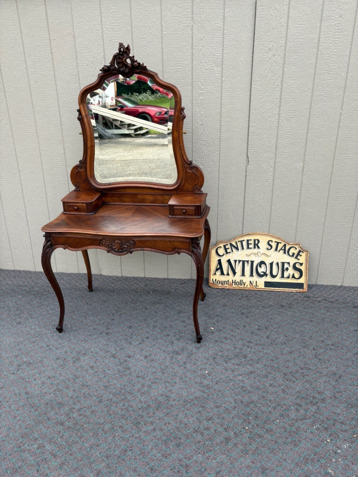 68043 Elegant French Rococo Vanity with Mirror in Rich Walnut