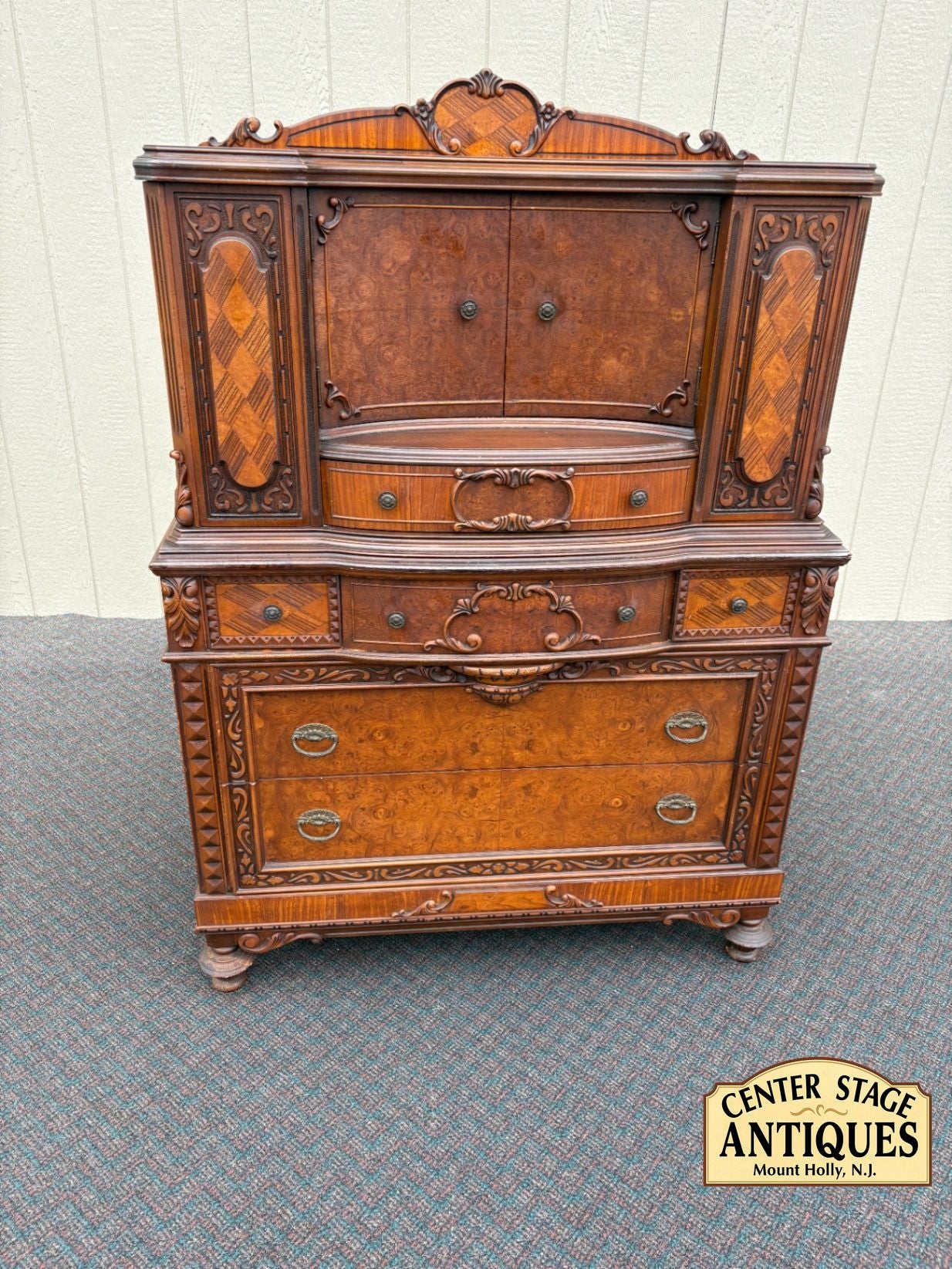 67535 Antique Walnut High Chest with Intricate Carvings and Secret Compartment