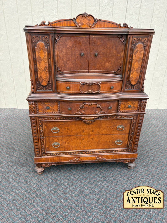 67535 Antique Walnut High Chest with Intricate Carvings and Secret Compartment