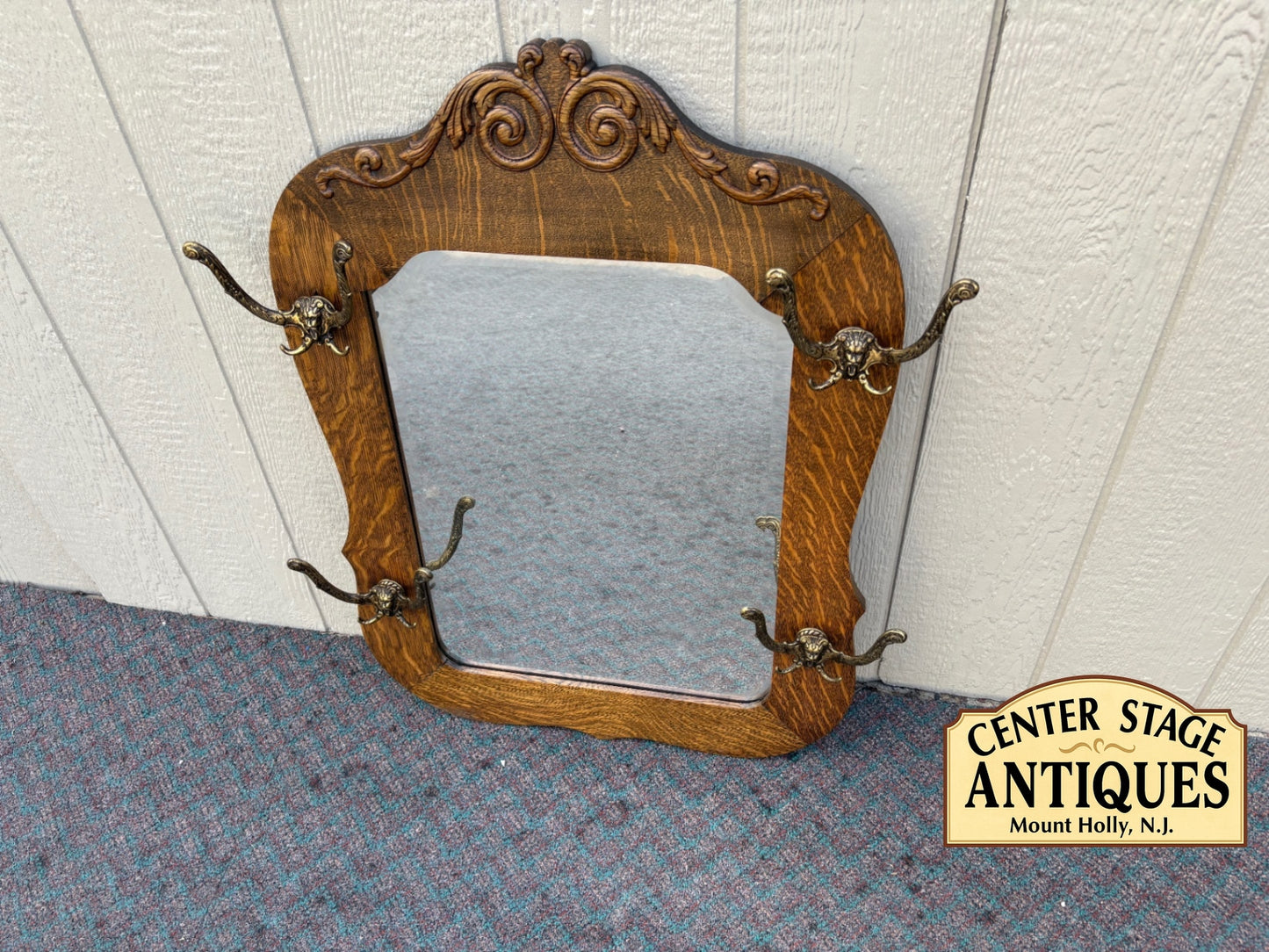 67988  Antique Victorian Oak Mirror Hat Rack with Ornate Brass Hooks