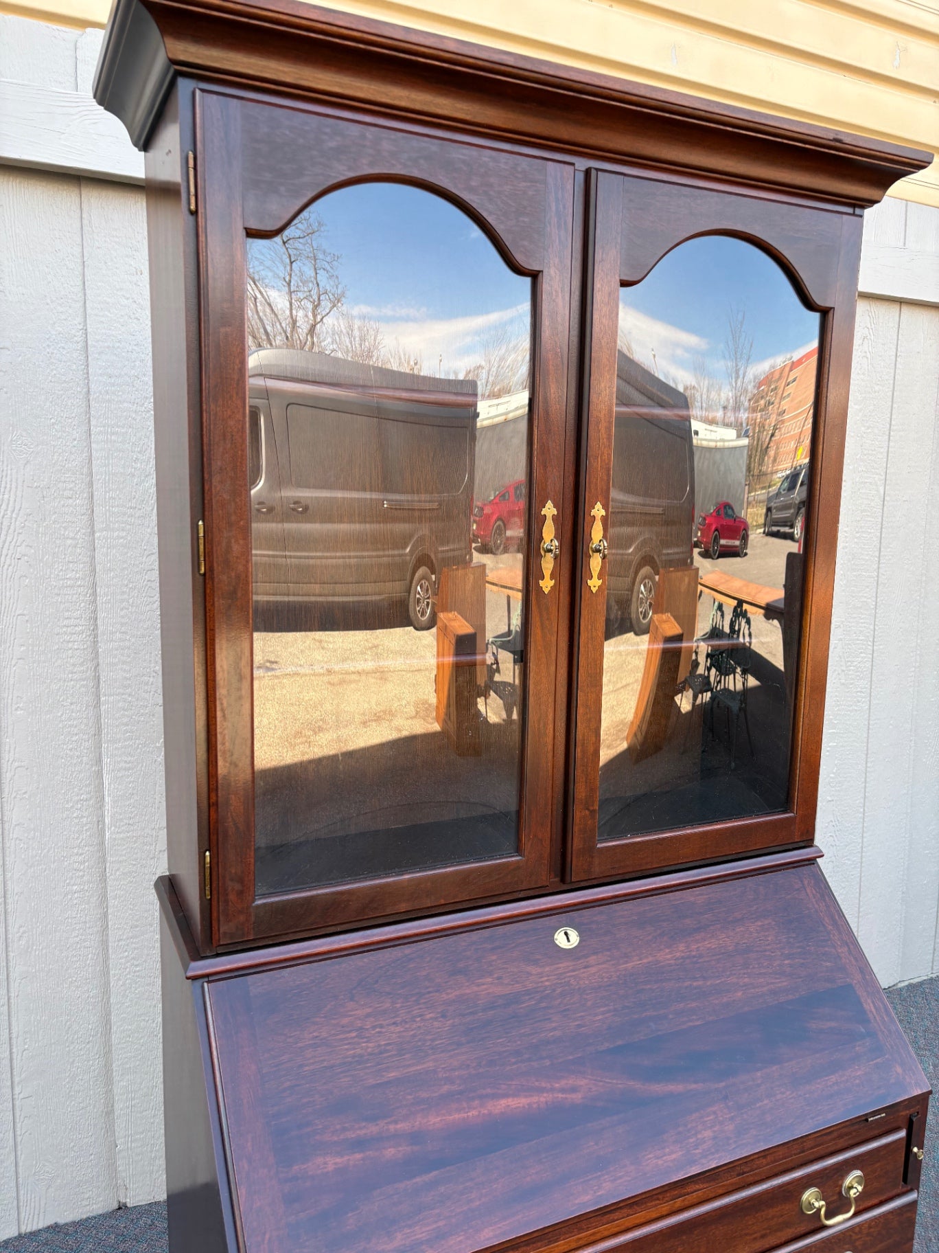 67847 Vintage Mahogany Secretary Desk with Glass Front Bookcase