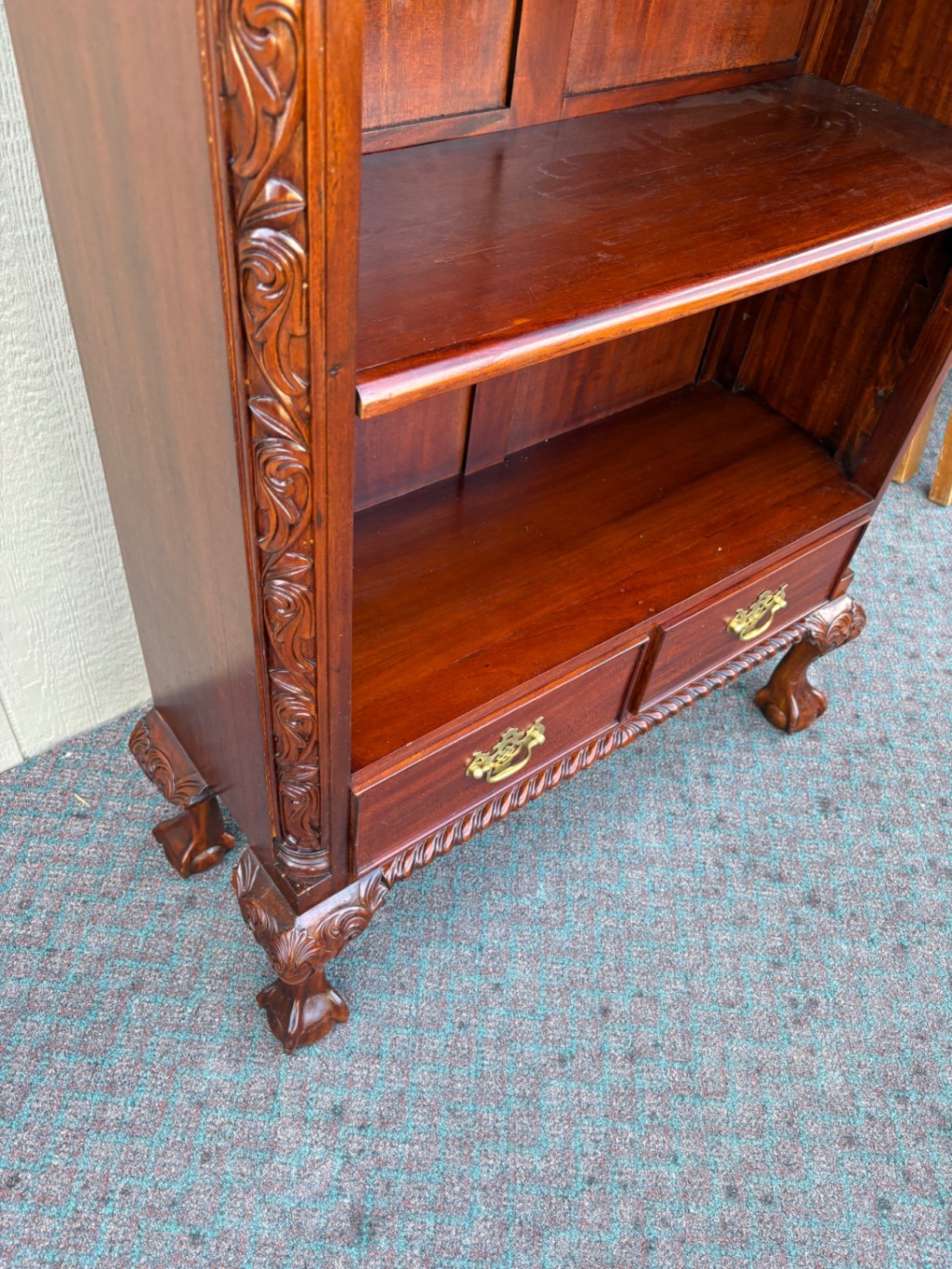 67941 Ornate Mahogany Chippendale Bookcase with Claw Feet and Drawers