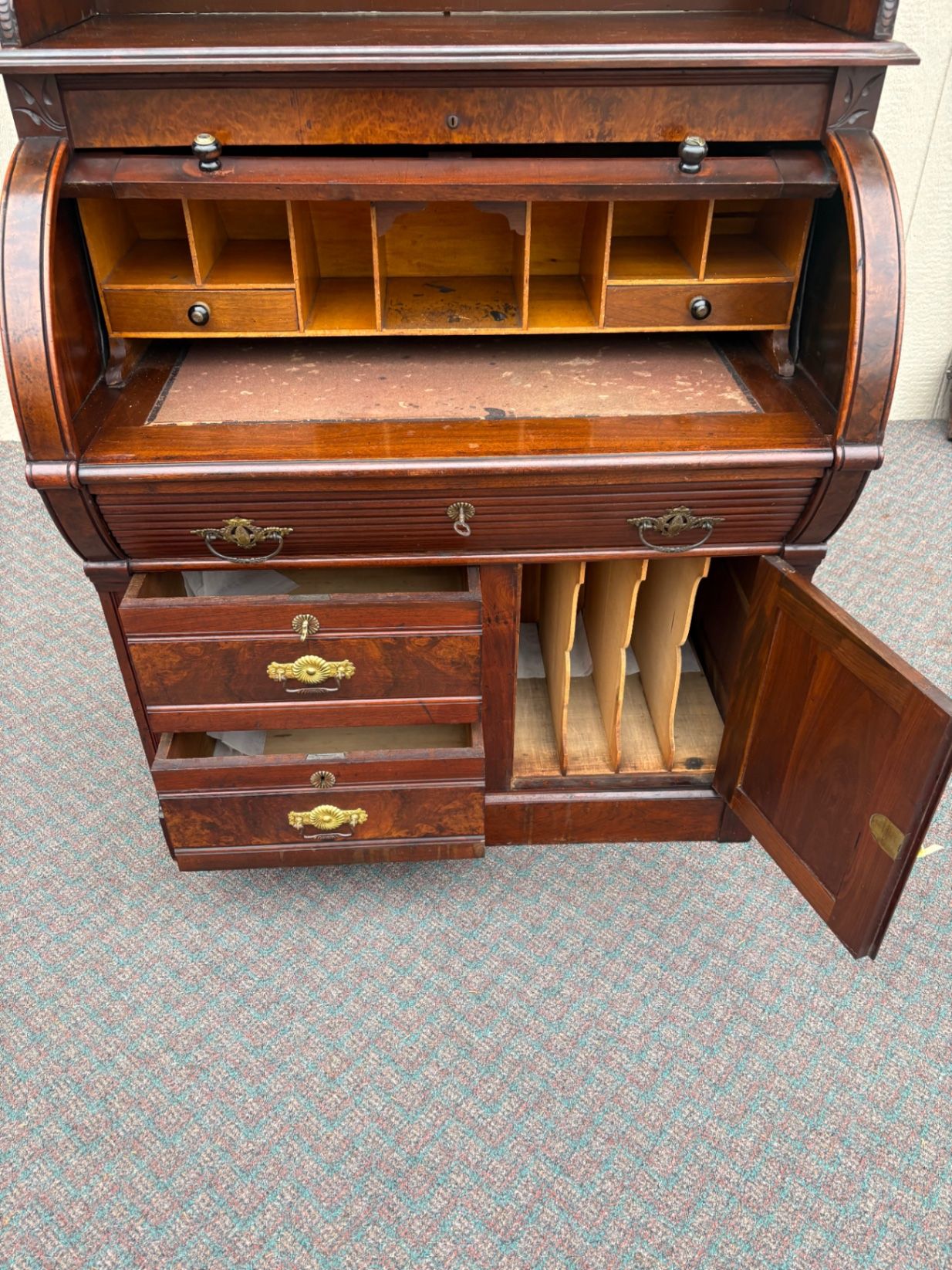 67689  Victorian Cylinder Secretary Desk with Glass Cabinet Top