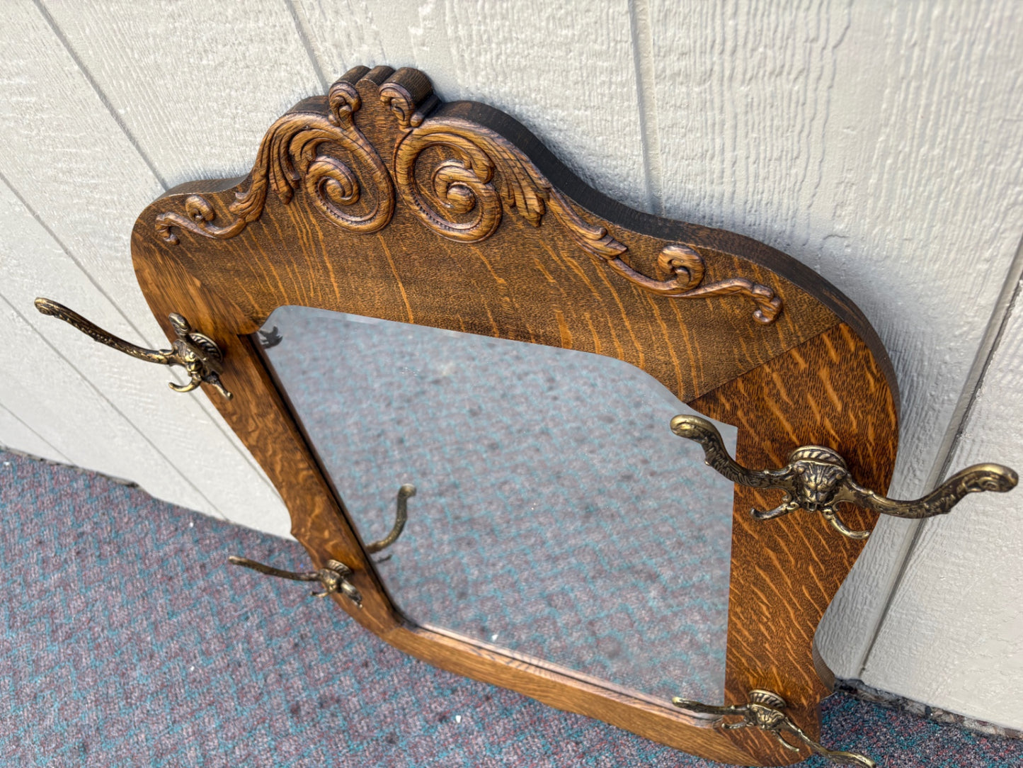 67988  Antique Victorian Oak Mirror Hat Rack with Ornate Brass Hooks