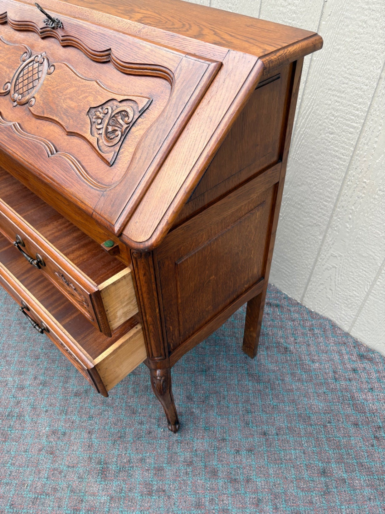 68097 Vintage French Provincial Oak Slant Front Desk with Carved Details