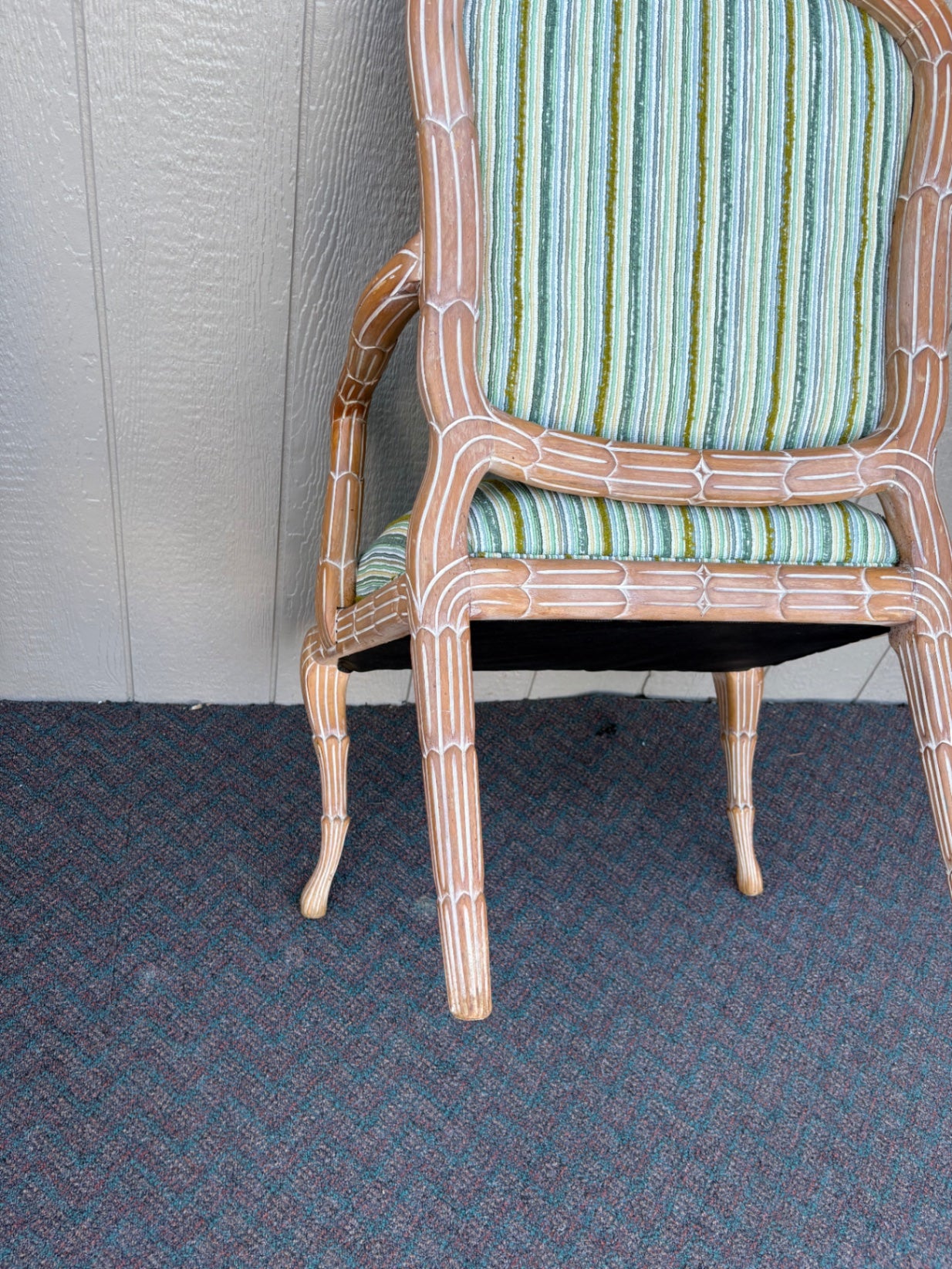 67613  Pair of Vintage Rattan Armchairs with Striped Upholstery