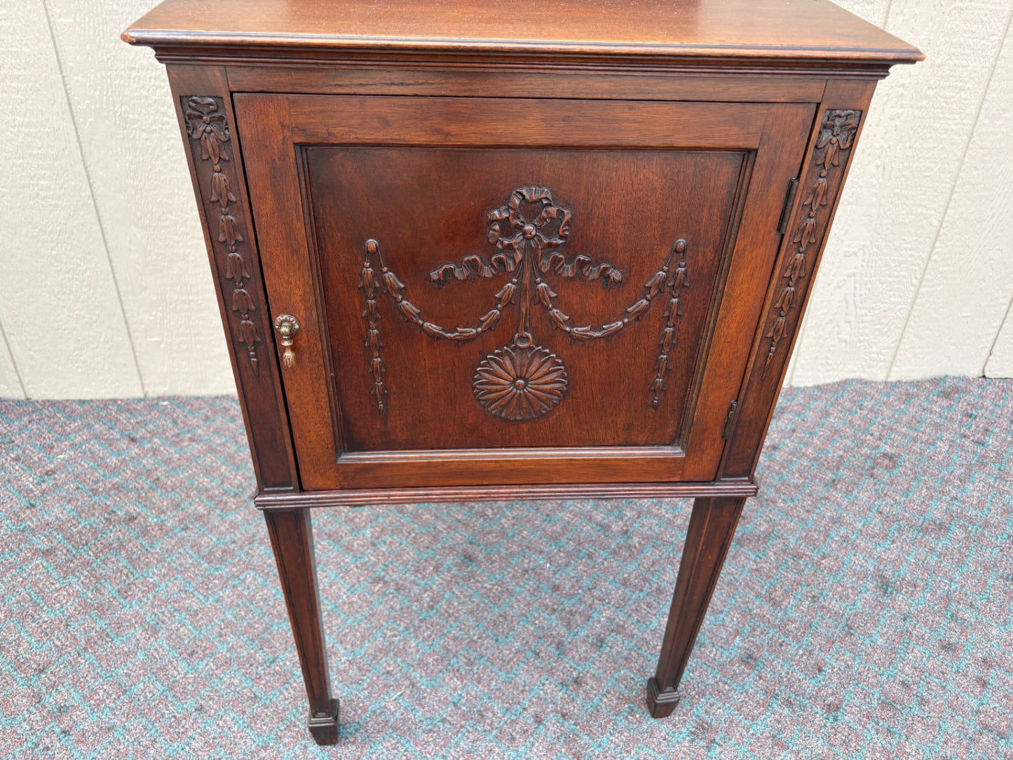 67982 Antique Mahogany Nightstand with Carved Details and Shelf