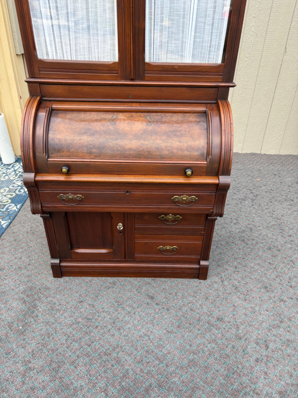 67934  Victorian Cylinder Secretary Desk with Display Cabinet