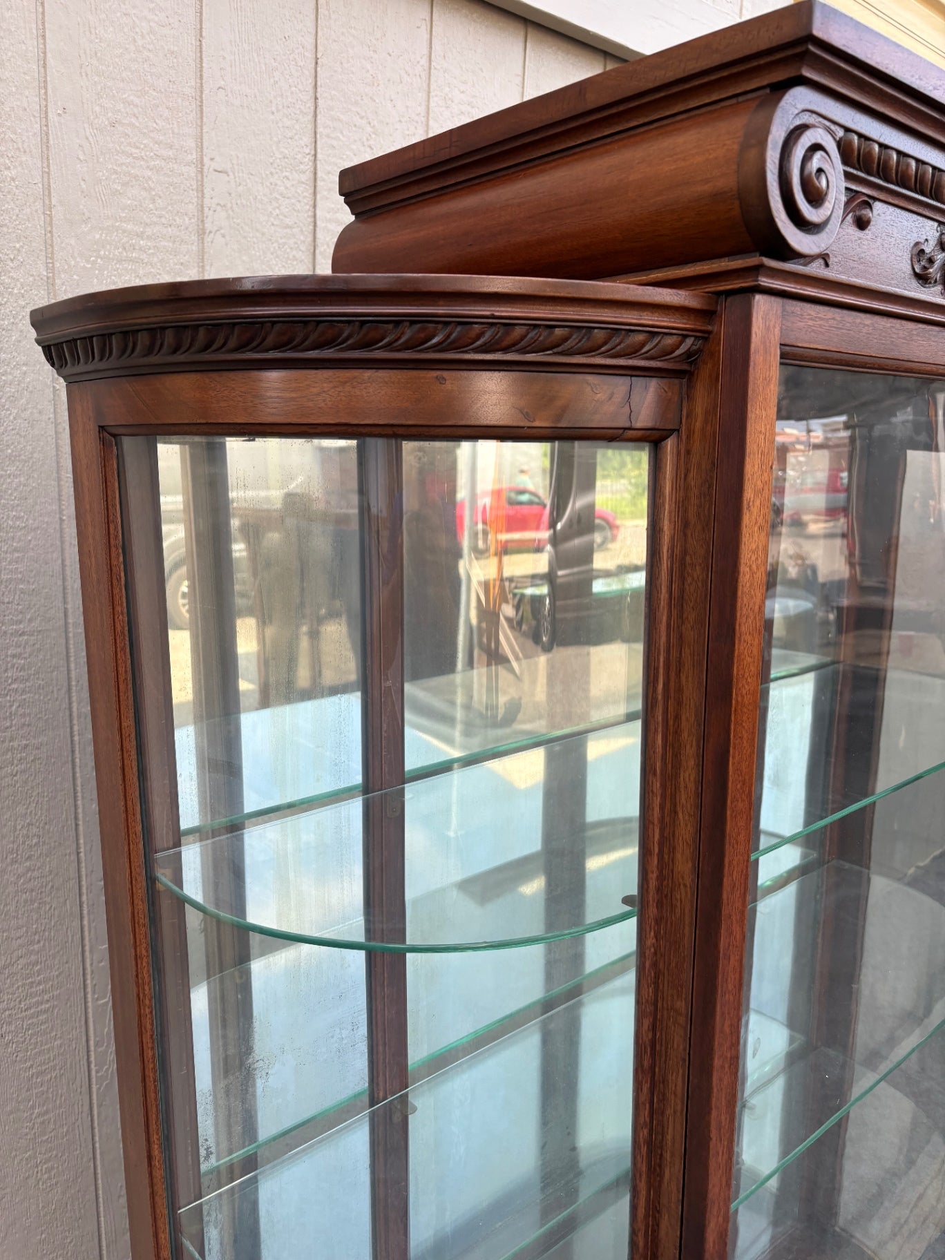 68015 Antique Bow Glass China Cabinet with Carved Mahogany Details