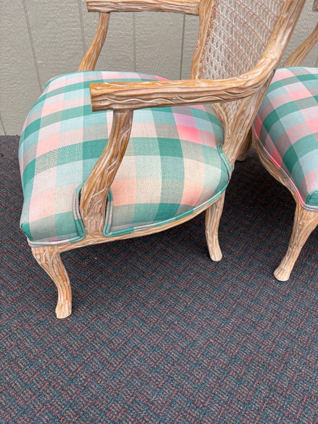 67549 Pair of French Provincial Caned Armchairs with Plaid Upholstery