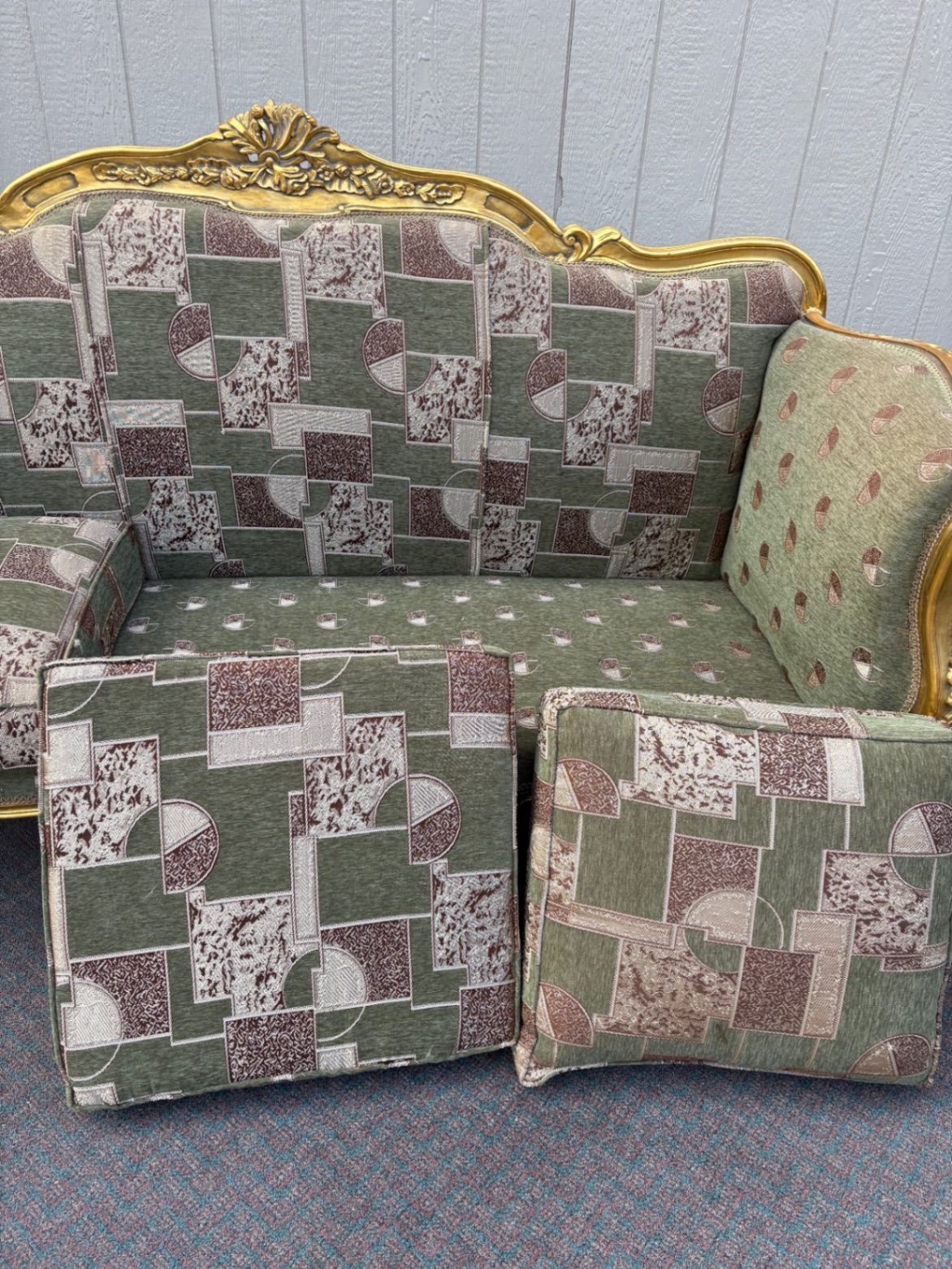 67517 Elegant Vintage French Provincial Gold Gilt Sofa with Tapestry Upholstery